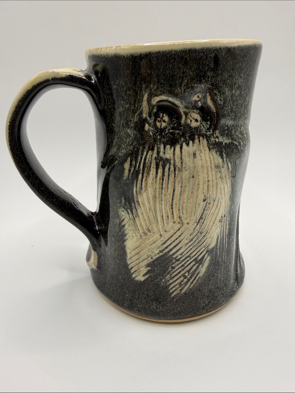Vintage Handmade Ceramic Owl Mug Cup Carved Sgraffito Rustic Art Pottery Signed